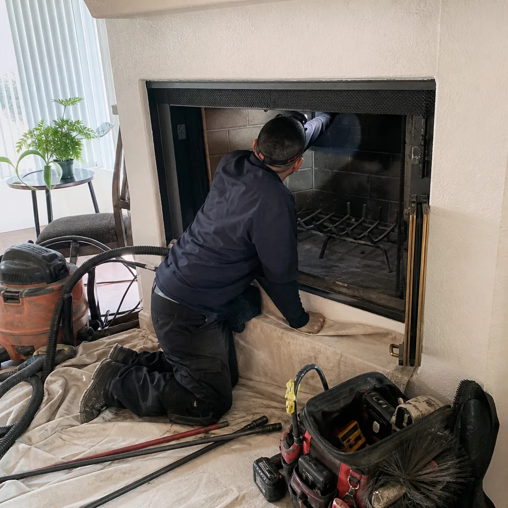 Professional chimney sweep performing a detailed fireplace inspection in a living room.
