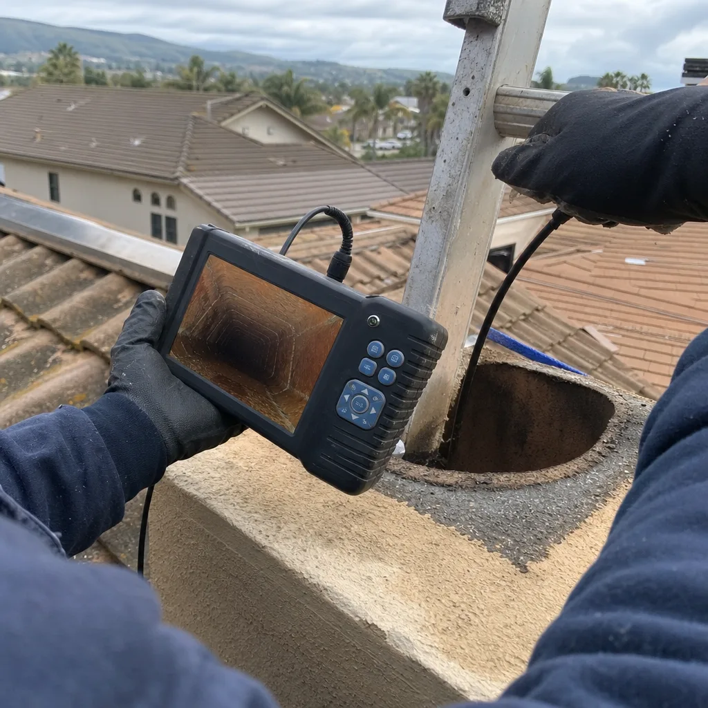 Technician using a chimney inspection camera to check flue condition