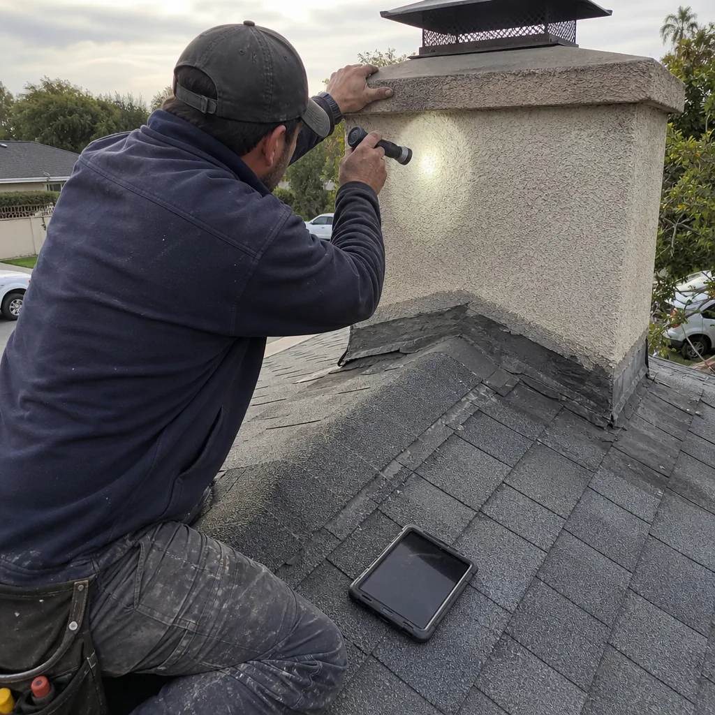 Professional contractor performing a detailed chimney inspection on a roof