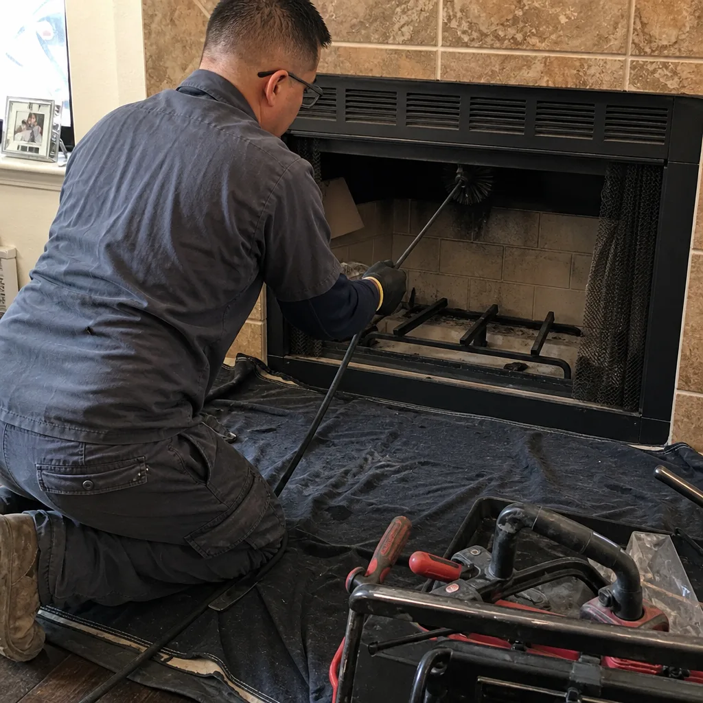 Professional technician performing maintenance and cleaning on a gas fireplace.