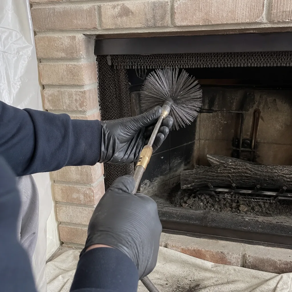 Technician using a chimney cleaning brush on a gas fireplace