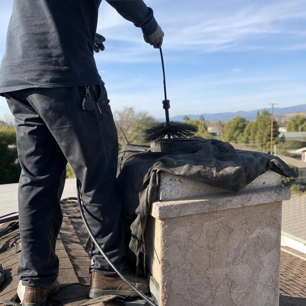 Professional chimney sweep performing gas fireplace maintenance on a residential rooftop